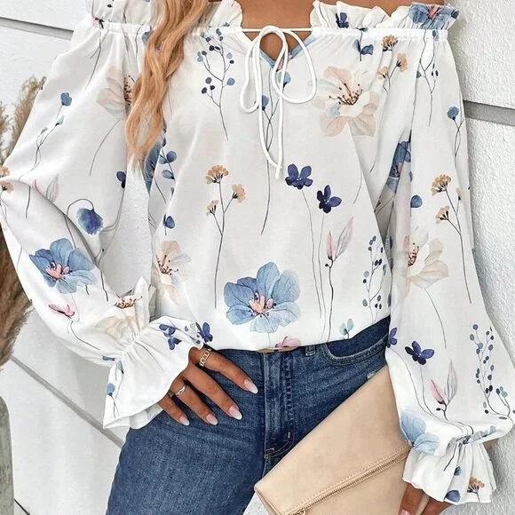 White Boho Women's Plus Size Vacation Loose Off-Shoulder Blouse - Picture 5 of 5